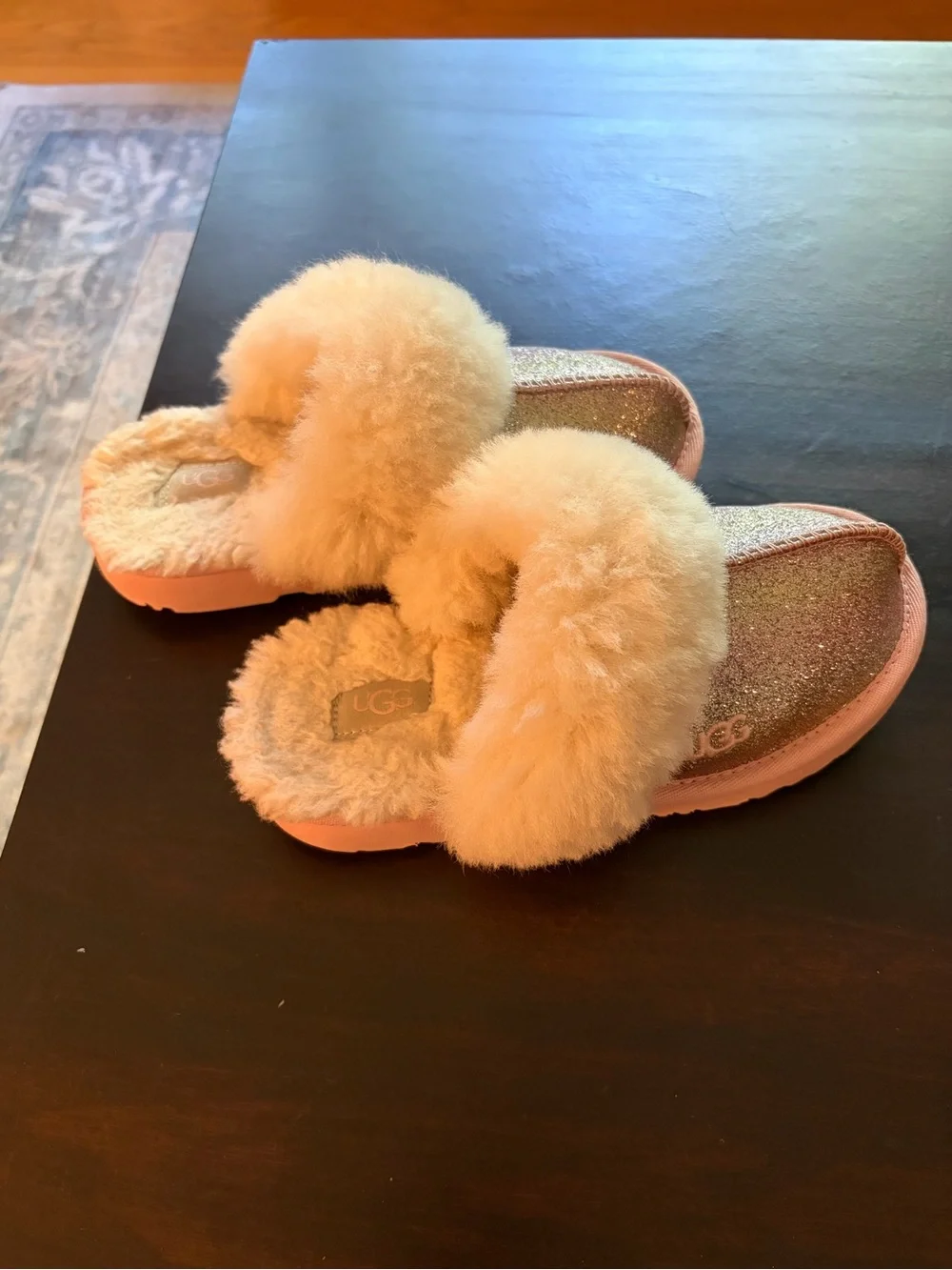 UGG Kids Fluff Glitter Slippers - Light Pink and Cream